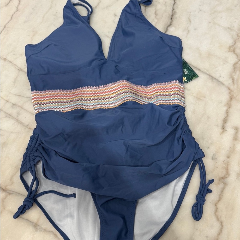 Blue and Pink One Piece Swimsuit with Ruched Details